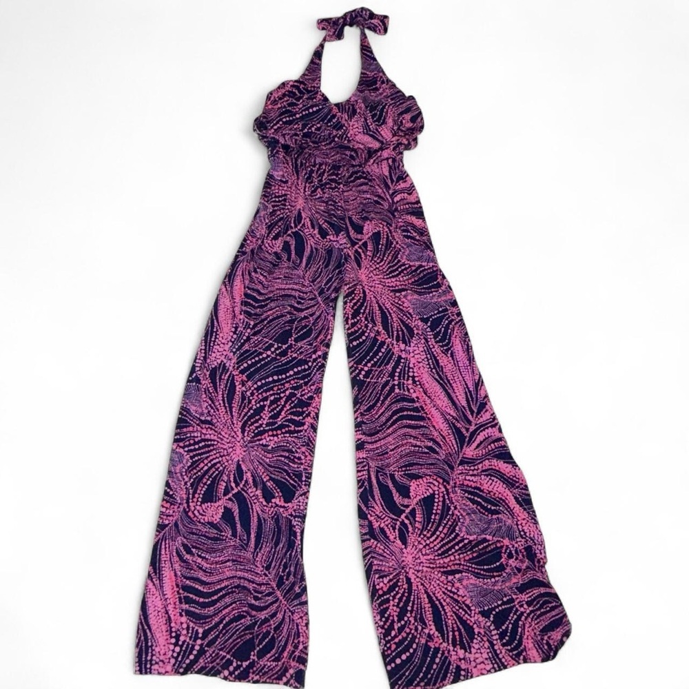 Tori Richard Pink & Navy Halter Wide-Leg Jumpsuit